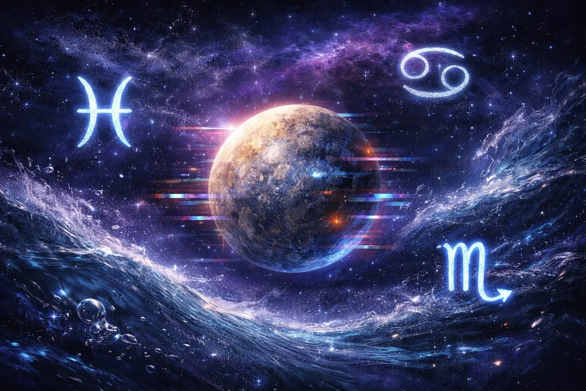 Planeta Merkur okružena simbolima vodenih znakova — Ribe, Rak i Škorpija — na pozadini kosmičkog okeana sa talasima